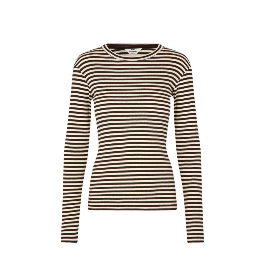 Kvinde Mads Nørgaard Bluser | Mads Norgaard 2X2 Cotton Stripe Tuba Tee Ls Black Coffee/Vanilla