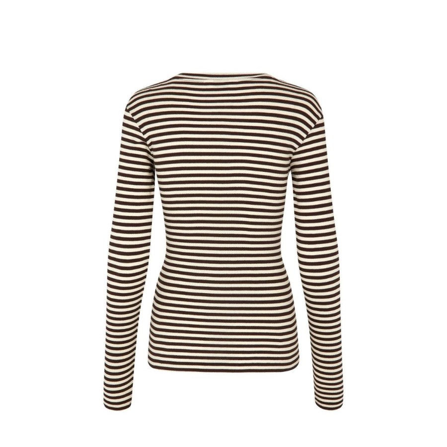 Kvinde Mads Nørgaard Bluser | Mads Norgaard 2X2 Cotton Stripe Tuba Tee Ls Black Coffee/Vanilla