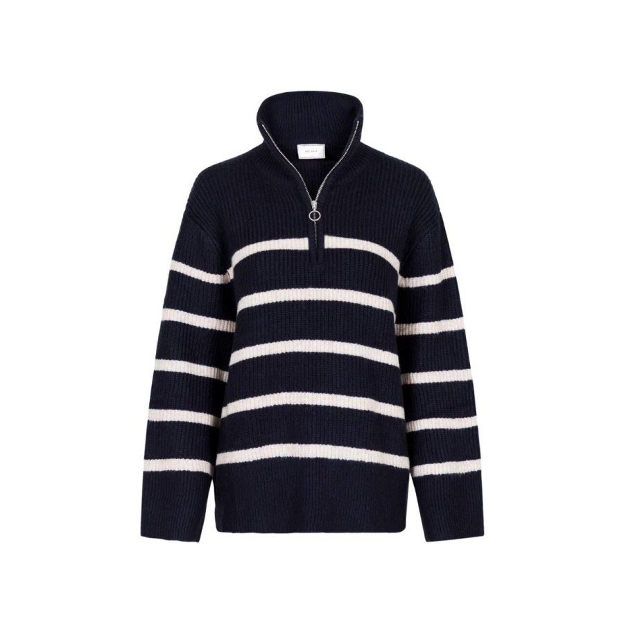 Kvinde Neo Noir Strik & Cardigans | Neo Noir Strik Nevena Stripe Knit Blouse Navy/Sand