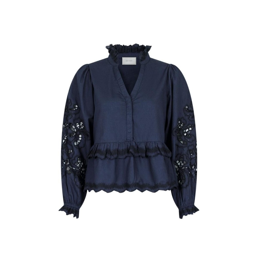 Kvinde Neo Noir Bluser | Neo Noir Kimmo Embroidery Bluse Navy