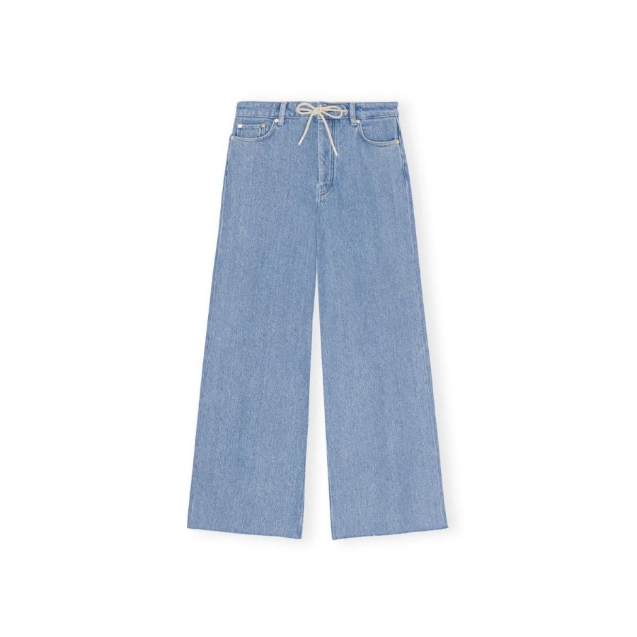 Kvinde Ganni Bukser | Ganni Bukser Heavy Denim Wide Drawstring Jeans Light Blue Stone