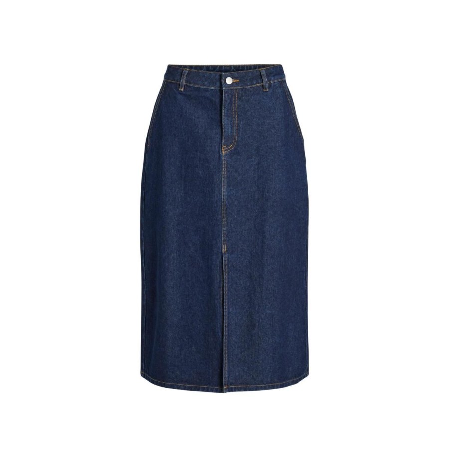 Kvinde VILA Nederdele | Vila Kira Midi Denim Nederdel Dark Blue Denim