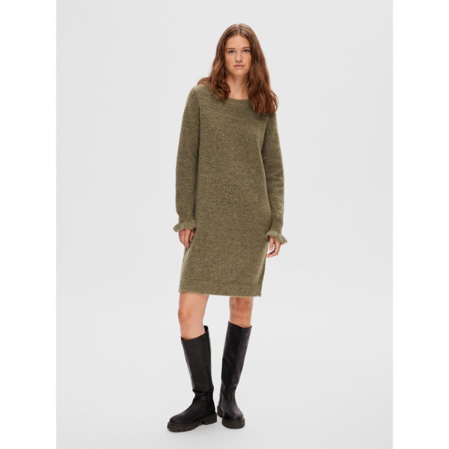 Kvinde selected femme Kjoler | Selected Femme Kjole Sia Ras Frill Ls Knit Dress Dusky Green/Melange