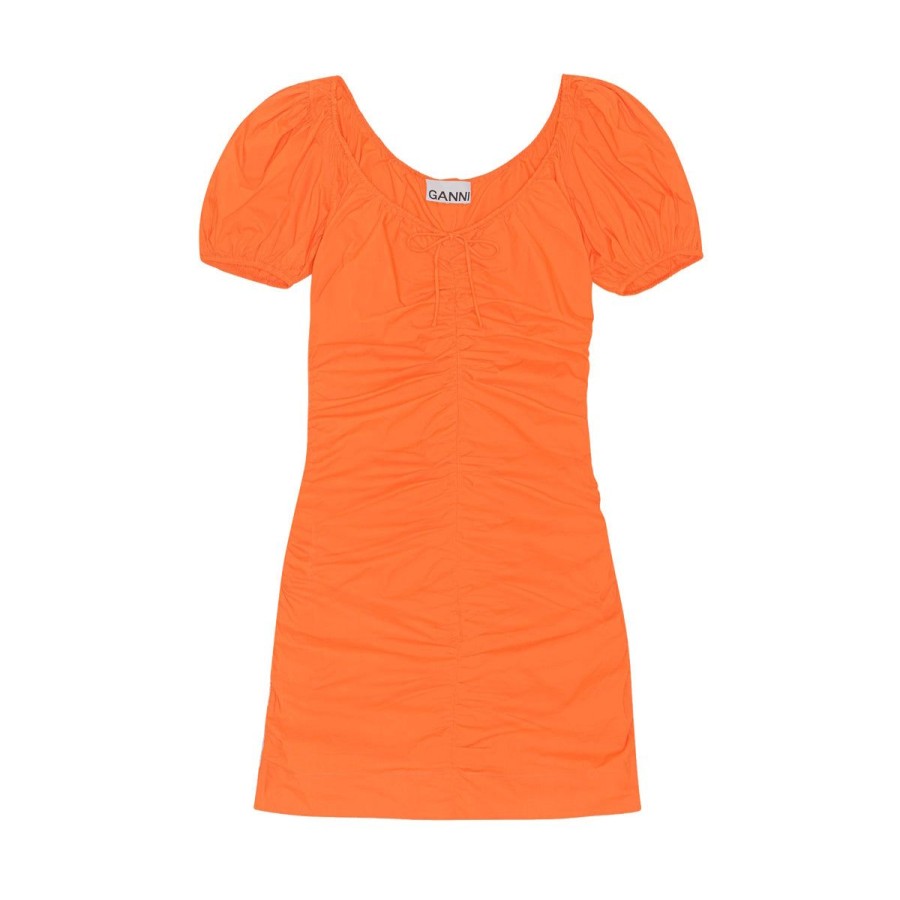 Kvinde Ganni Kjoler | Ganni Kjole Cotton Poplin Gathered U-Neck Vibrant Orange