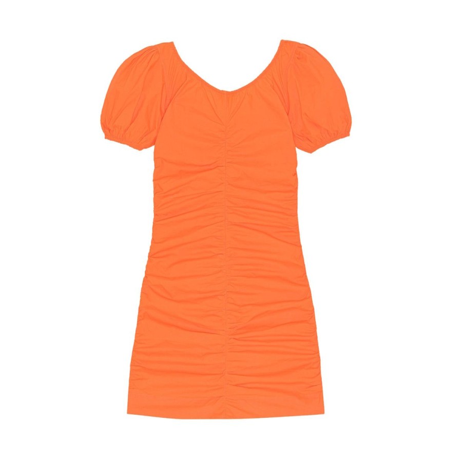 Kvinde Ganni Kjoler | Ganni Kjole Cotton Poplin Gathered U-Neck Vibrant Orange