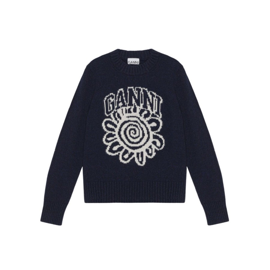 Kvinde Ganni Strik & Cardigans | Ganni Striktroje Graphic O-Neck Pullover Flower Sky Captain