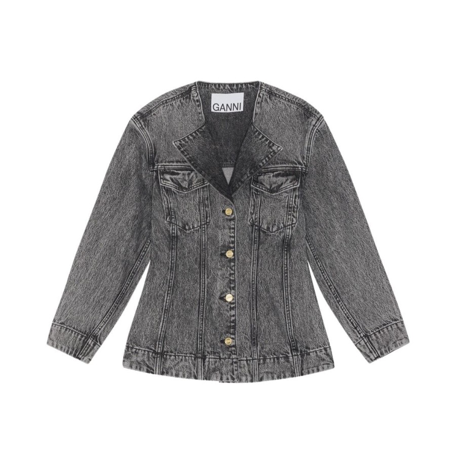 Kvinde Ganni Blazere | Ganni Snow Washed Denim Fitted Blazer Black Washed