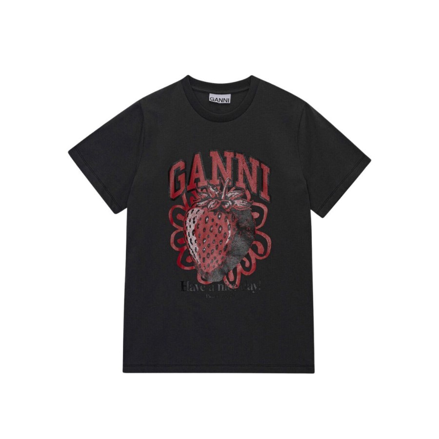 Kvinde Ganni T-Shirts | Ganni Basic Jersey Strawberry Relaxed T-Shirt Volcanic Ash