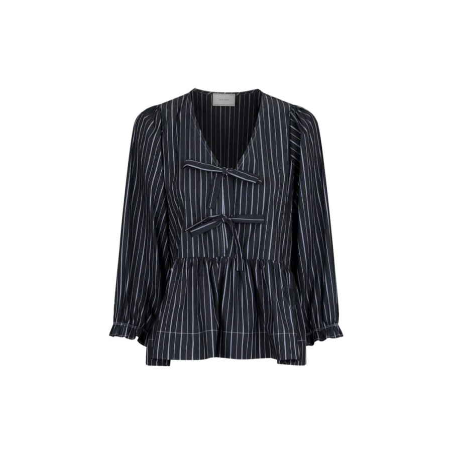 Kvinde Neo Noir Bluser | Neo Noir Bluse Bella Double Stripe Blouse Dark Grey