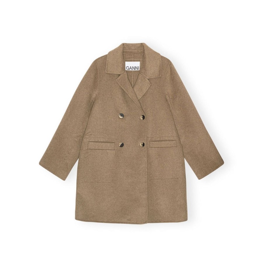 Kvinde Ganni Overtoj | Ganni Wool Midi Jacket Petrified Oak