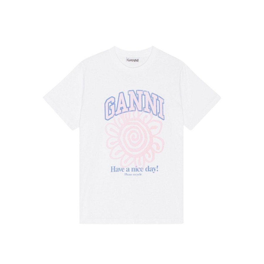 Kvinde Ganni T-Shirts | Ganni Basic Jersey Flower Relaxed T-Shirt Bright White