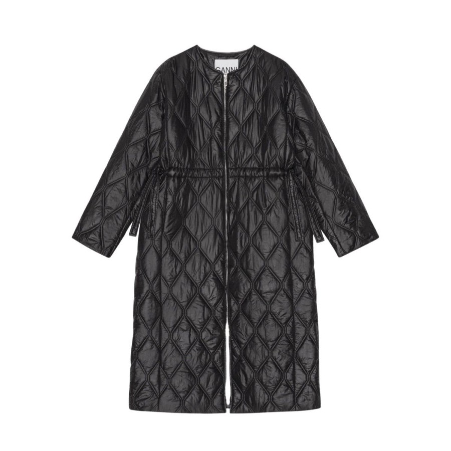 Kvinde Ganni Overtoj | Ganni Frakke Shiny Quilt Long Coat Black