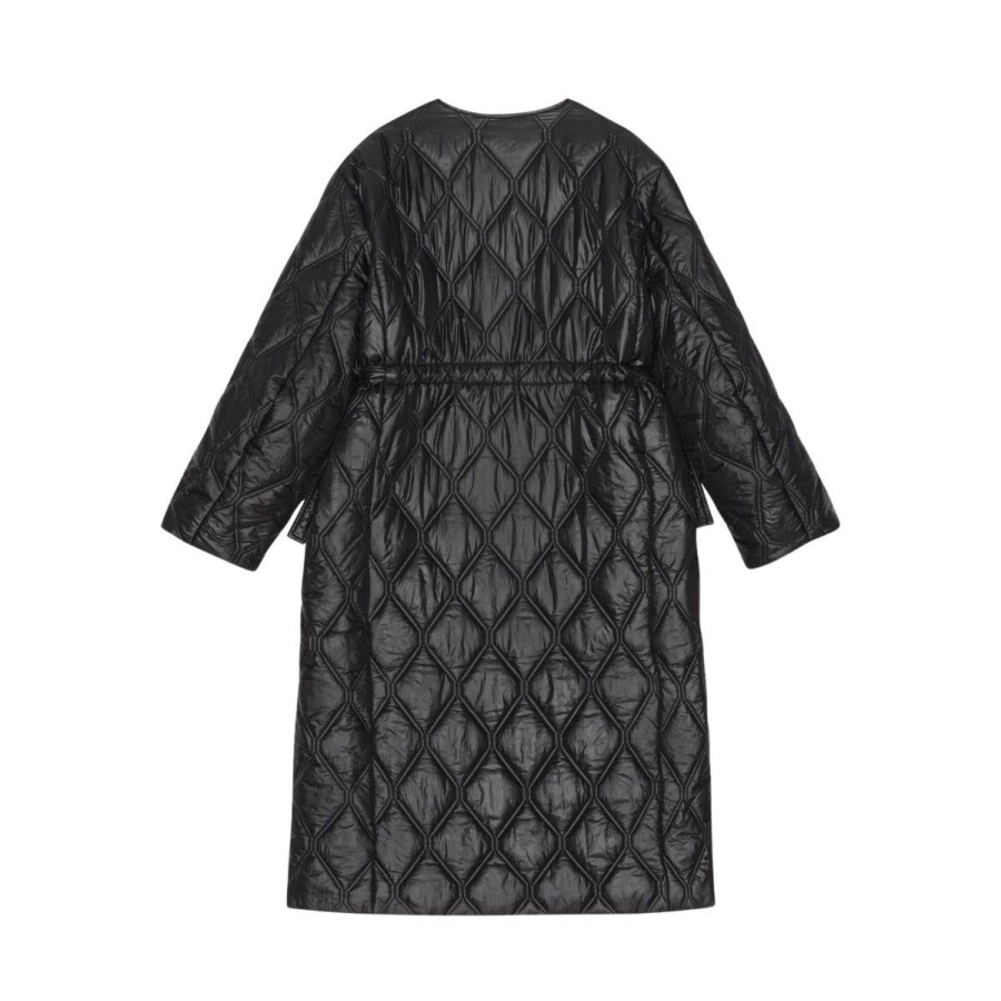 Kvinde Ganni Overtoj | Ganni Frakke Shiny Quilt Long Coat Black