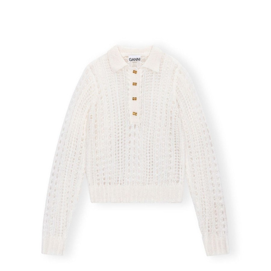 Kvinde Ganni Strik & Cardigans | Ganni Mohair Lace Polo Strik Bright White